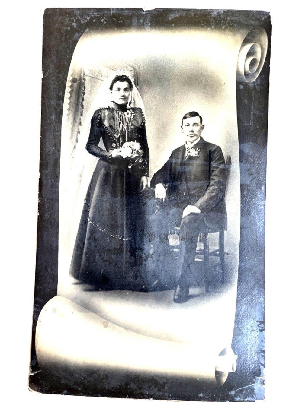 Victorian Wedding Portrait Scroll-Style Matte Finish Bride & Groom Early 1900s P